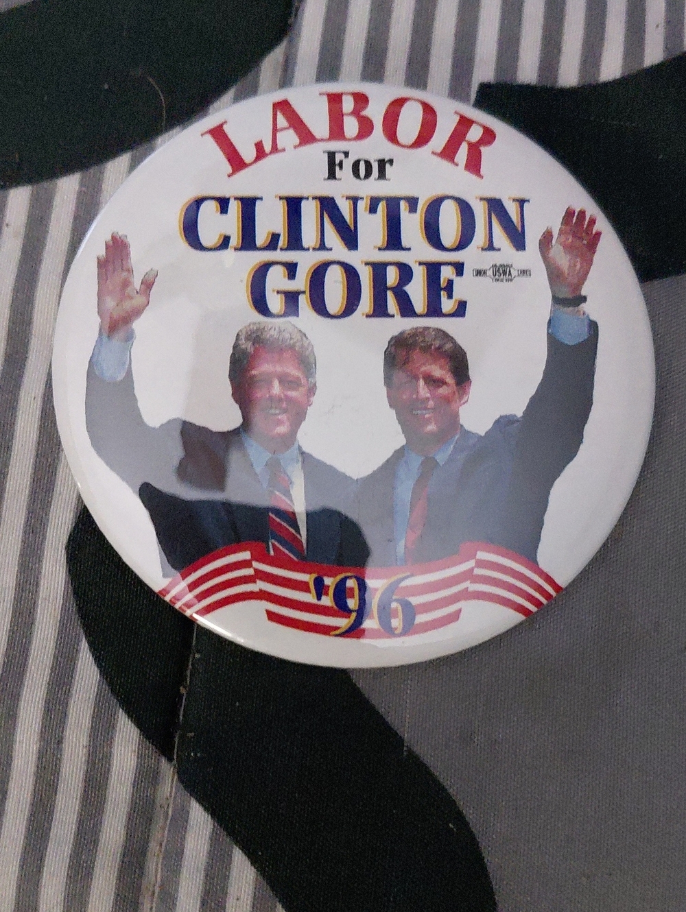 Source Unknown White, Red, Blue 'Labor For Clinton Gore '96' Campaign Button